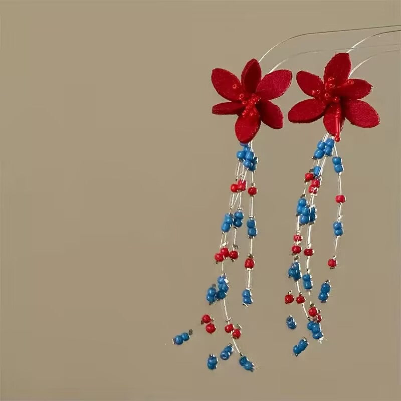 Wholesale Retro contrast color flower beaded long tassel earrings
