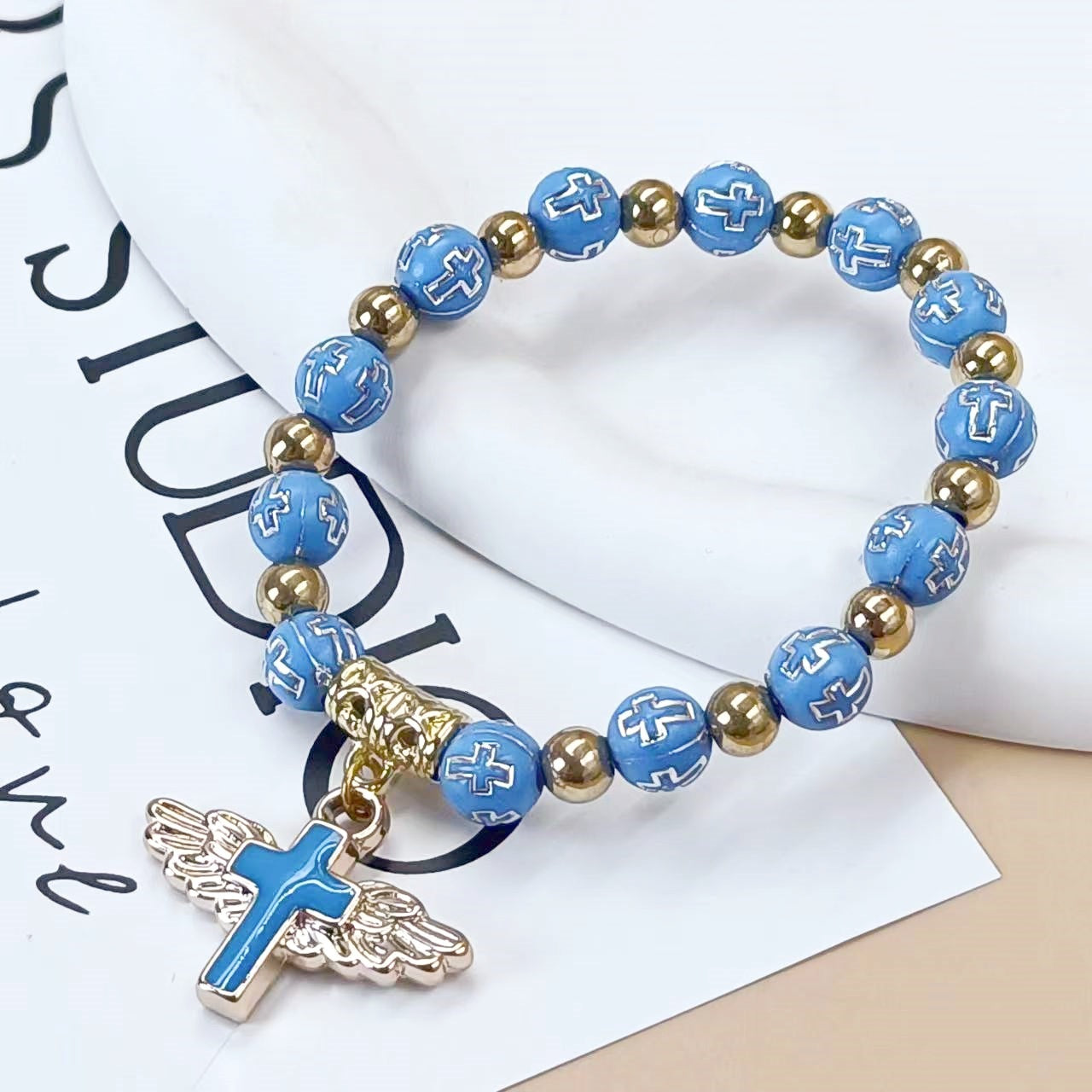 Wholesale angel wings cross beaded bracelet
