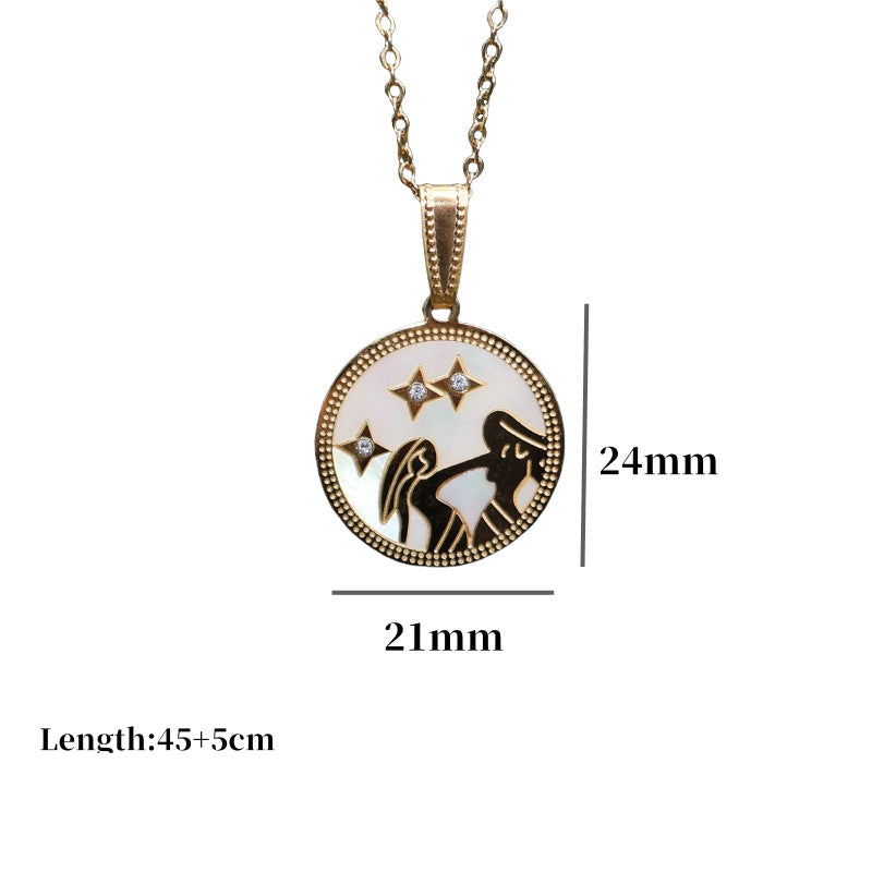 Wholesale Zodiac Diamond Round Shell Stainless Steel Pendant Necklace 18K Gold Plated