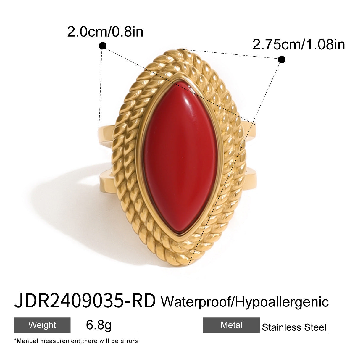 Wholesale  stainless steel red agate ring open ring