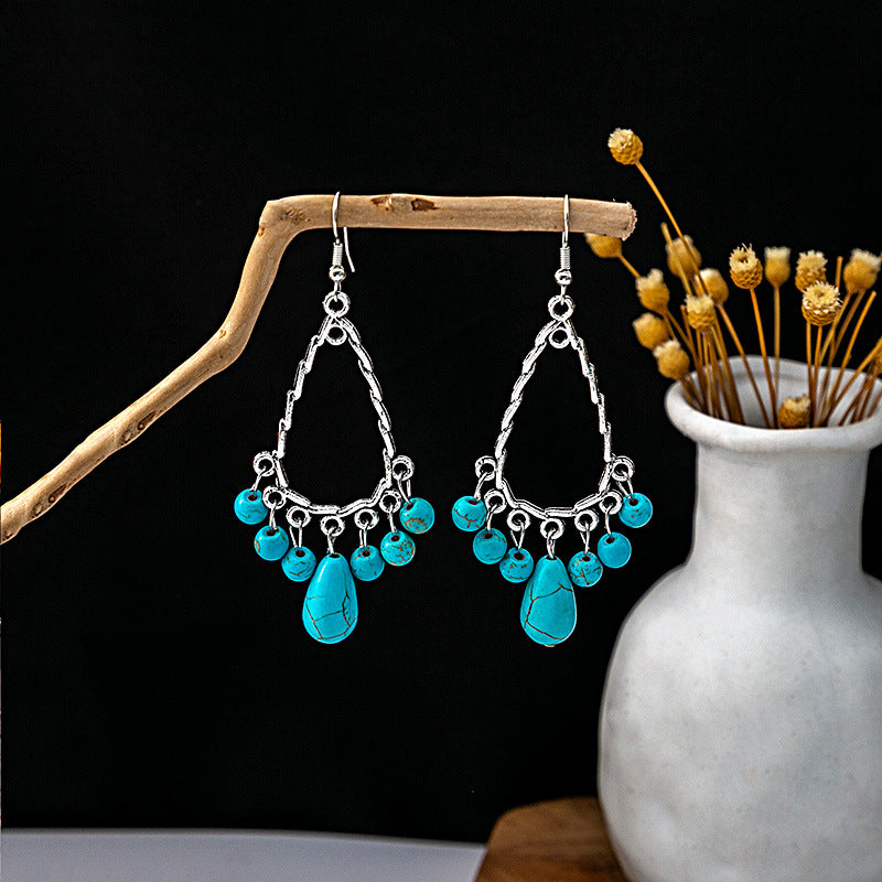 Wholesale Retro Ethnic Style Blue Turquoise Tassel Earrings Handmade Zinc Alloy Boutique Resale Jewelry Accessory