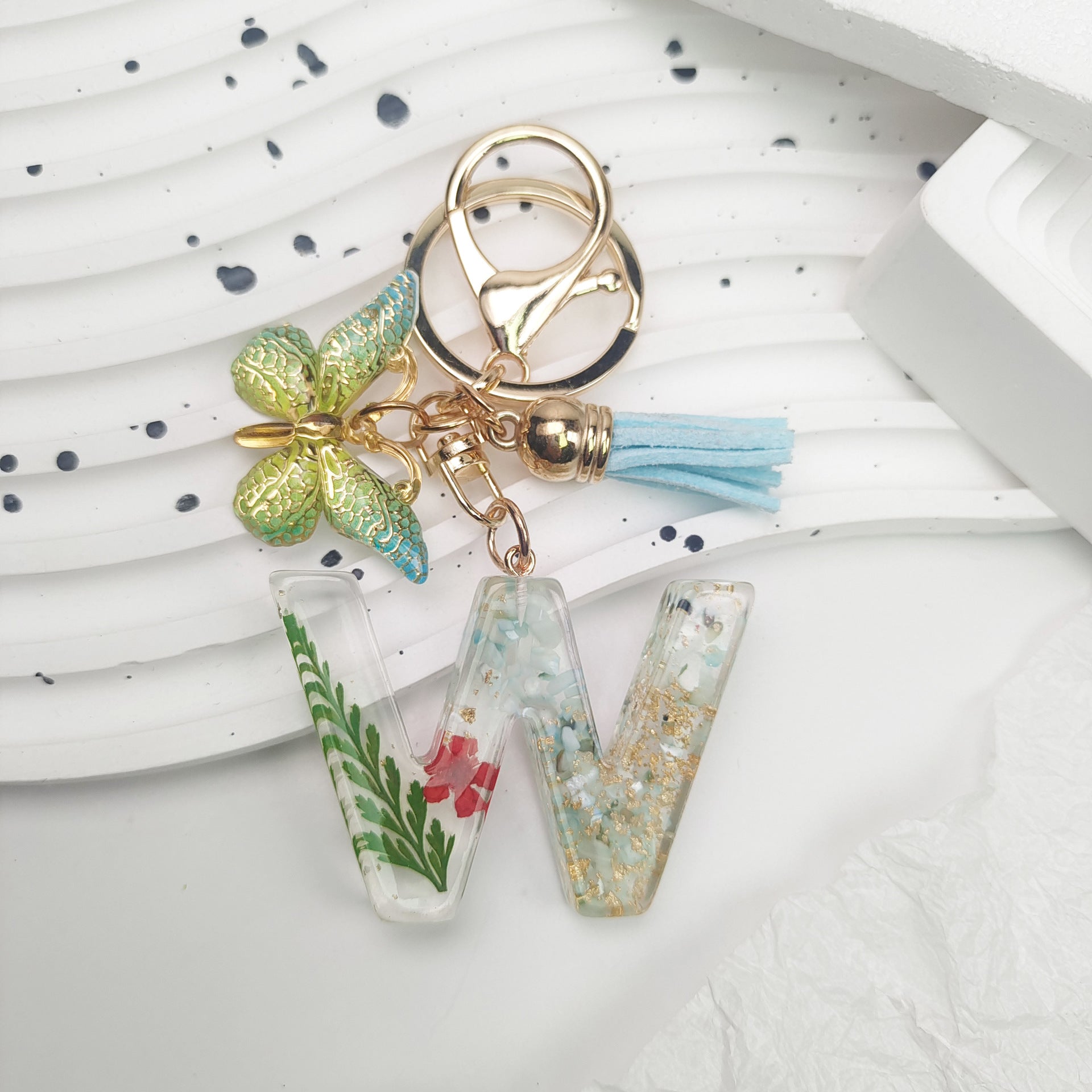 Wholesale Green English Letter Dried Flower Keychains Butterfly Tassel Keychain ACC-KC-Jiay002