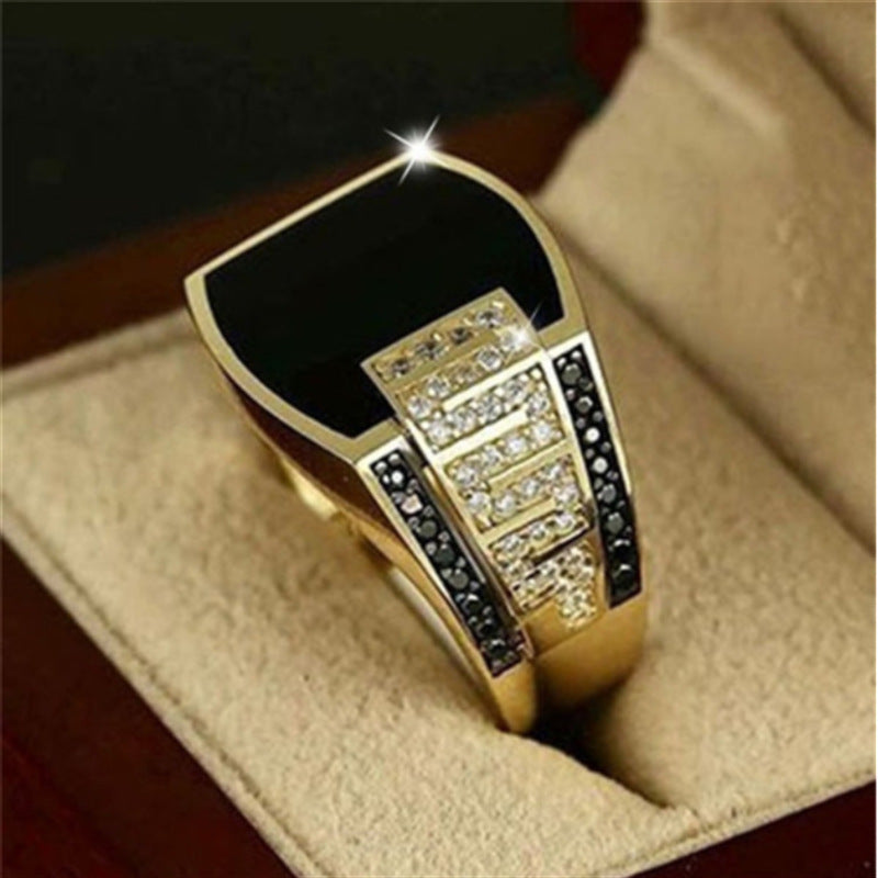Wholesale Gold Wide Face Black Diamond Men' s Ring