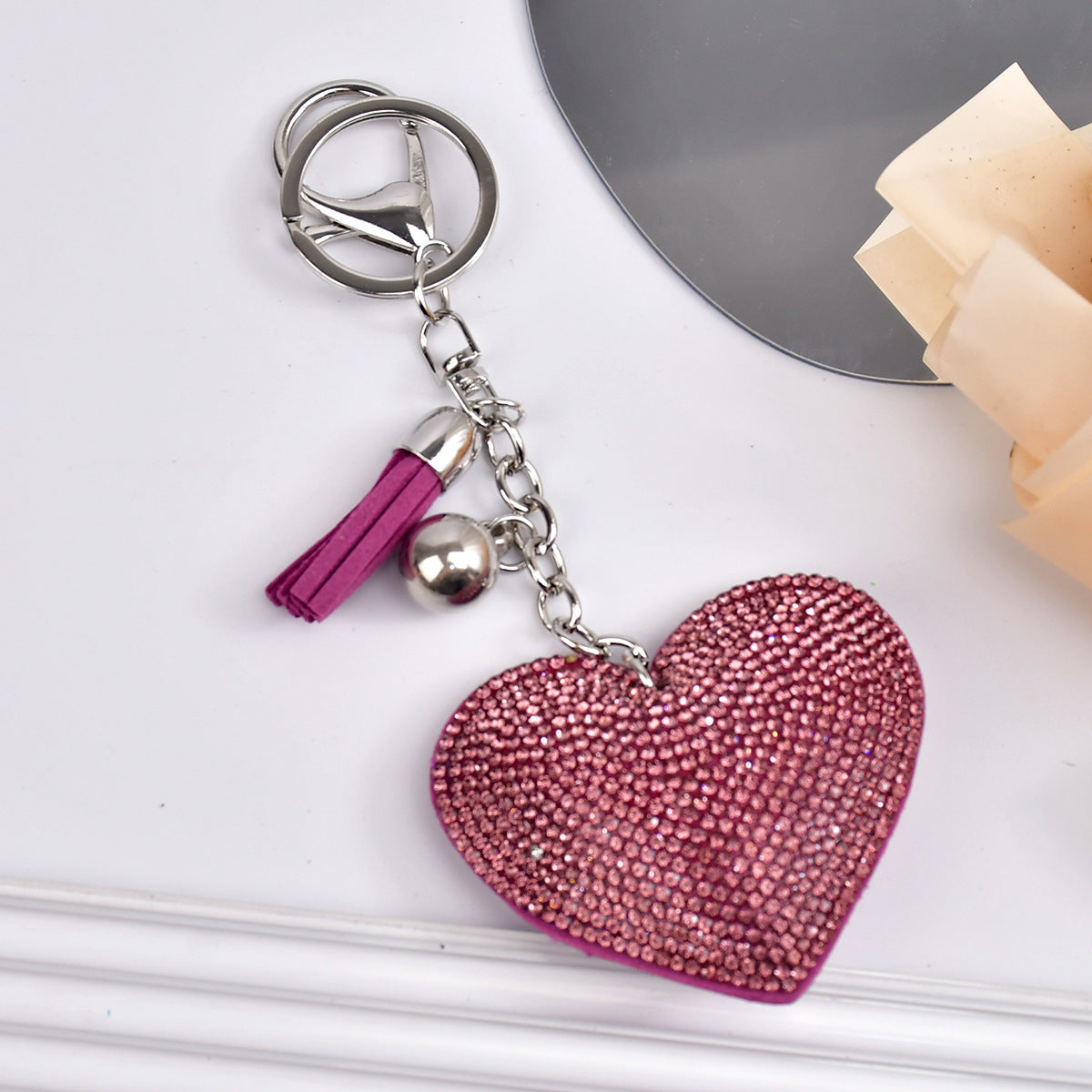 Wholesale  Peach Heart Rhinestone Leather Keychain