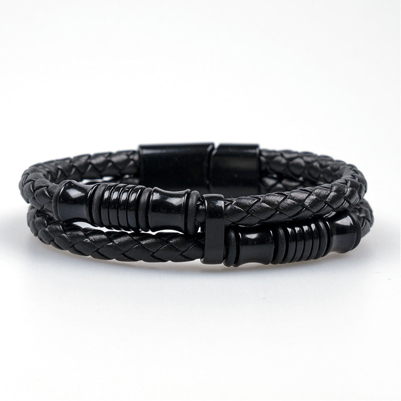 Wholesale Black Leather Rope Men's Double-layer Braided Leather Bracelet
