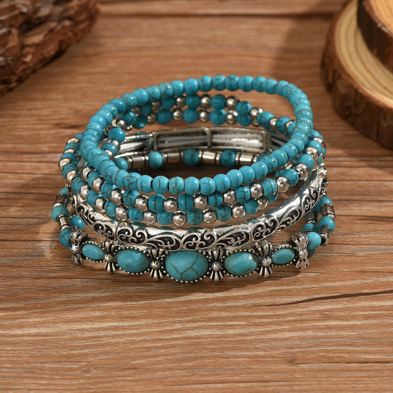 Wholesale Alloy Electroplated Bohemian Beaded Bow Bracelet Set - Retro Turquoise Inlaid,  Fashion Jewelry Accessory for Everyday Wear