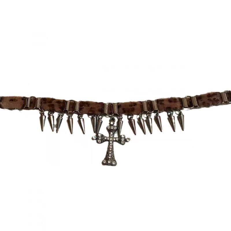 Wholesale Brown Leopard Stud Cross Pendant Necklace