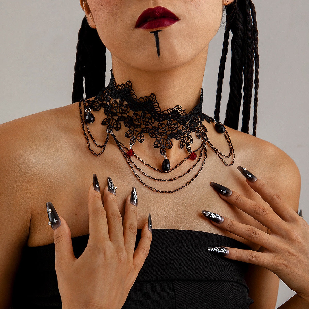 Wholesale Multi-layer Lace Tassel Collar Dark Gothic Black Bead Necklaces