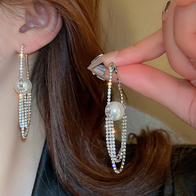 Wholesale Light luxury style diamond-embedded chain Pearl 925 silver needle earrings