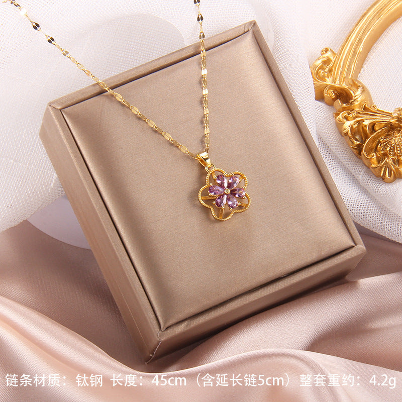 Wholesale Zircon Rotating Four Leaf Clover Flower Pendant Titanium Steel Necklace ACC-NE-Rongc006