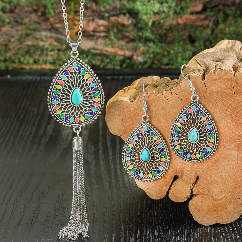 Wholesale Bohemian Drop-Shaped Earrings and Necklace Set,  Ethnic Style Fashion Accessory for Gift or Resale