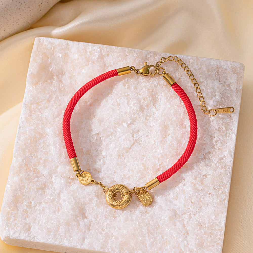 Wholesale Titanium Steel 18K Gold Light Luxury Red Rope Fortune Bracelet Anklets ACC-AS-Qiyun001