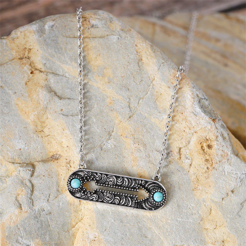Wholesale Vintage Inlaid Turquoise Geometric Hollow Arrow Pin Clavicle Necklace Trendy Jewelry Accessory