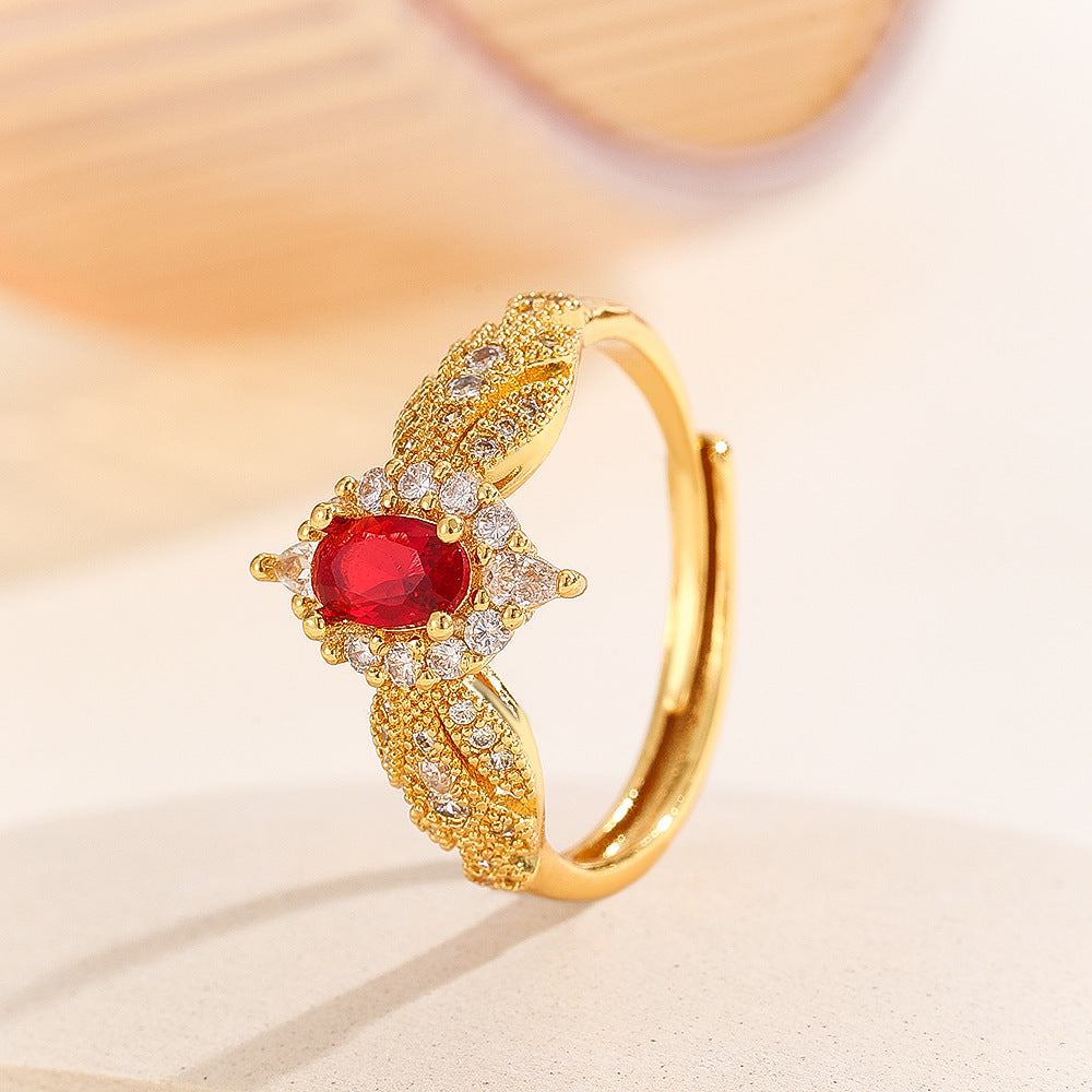 Wholesale Trendy French Royal Style Adjustable Copper Zircon Ring Golden Ruby Electroplated Finish Boutique Jewelry Gift
