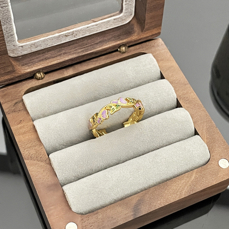 Wholesale Retro  Flower Leaf Dropping Glaze Fashion Opening Ring