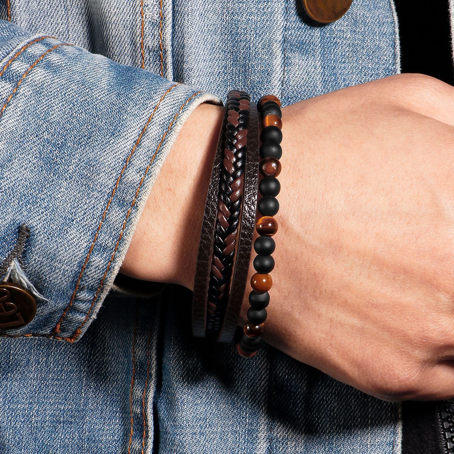Wholesale Natural Tiger Eye Stone Beaded Men's Bracelet Hand Woven Multi-Layered Leather Bracelet ACC-BT-ZiGe030