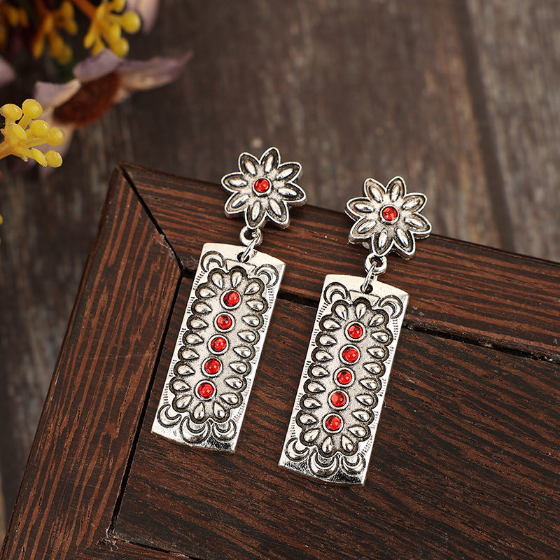 Wholesale Bohemian retro geometric inlaid red alloy earrings