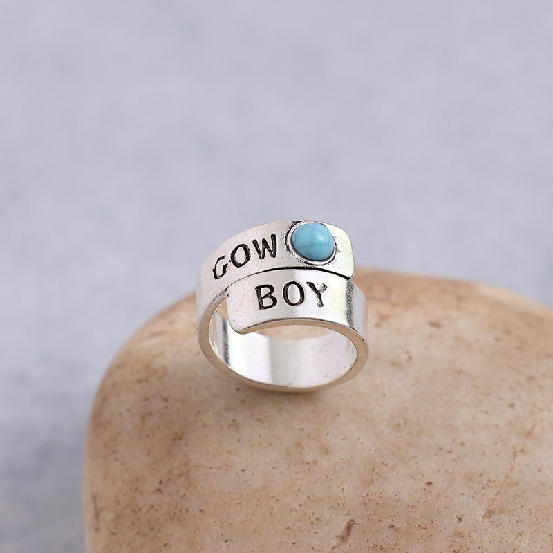 Wholesale  Fashion Ancient Silver Wide-brimmed English Letter Ring ins Cold Style Alloy Turquoise Open Ring