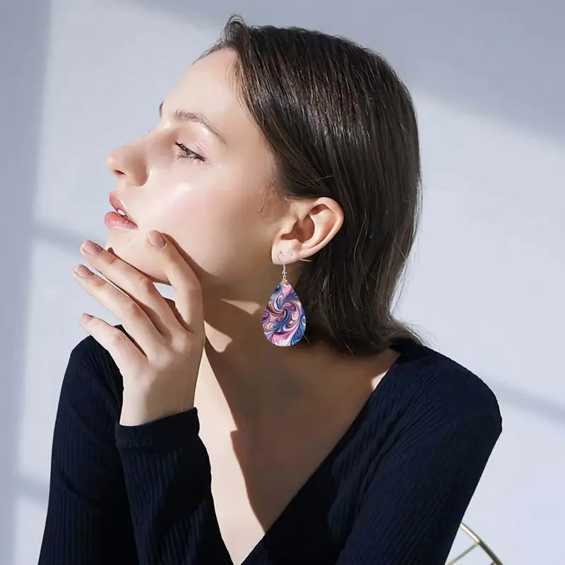 Wholesale Colorful Twisted Double Sided Pattern Drop Leather Earrings