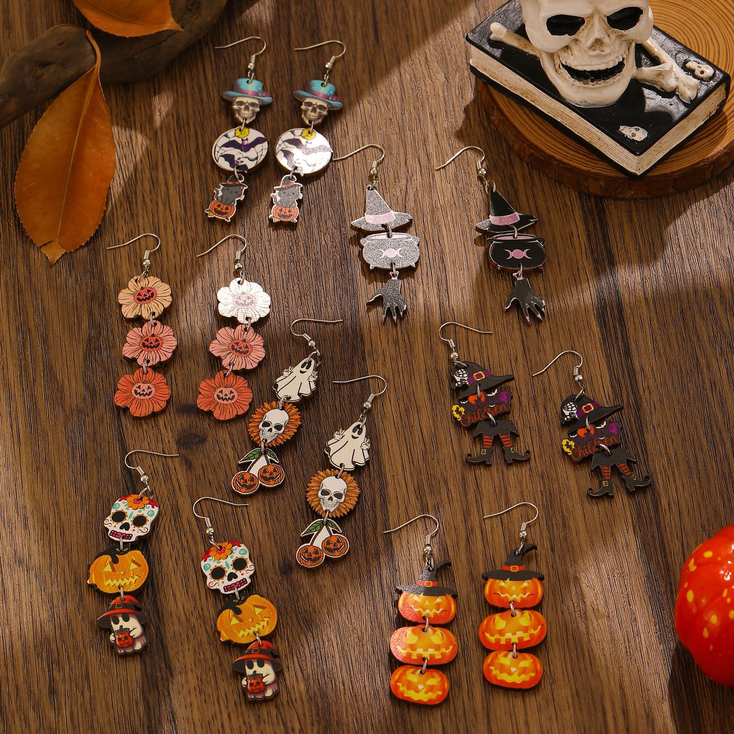 Wholesale  Pumpkin Skull Ghost Printed Wood Earrings Women' s Jewelry Accessory