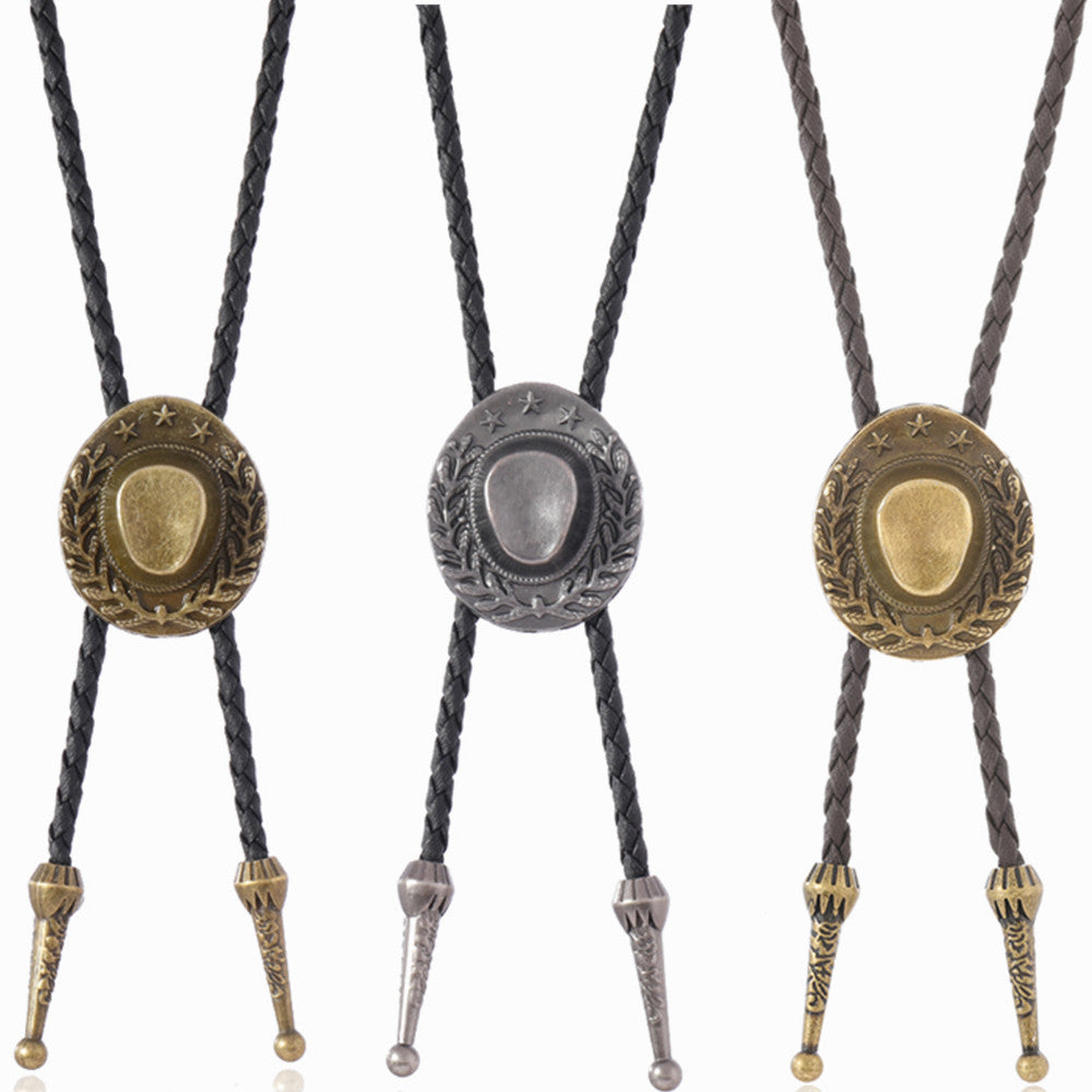Wholesale Retro Cowboy Bolo Tie Necklace Leather Cord Antique Silver Pendant Men Women Couple Gift Fashion Accessory Resale