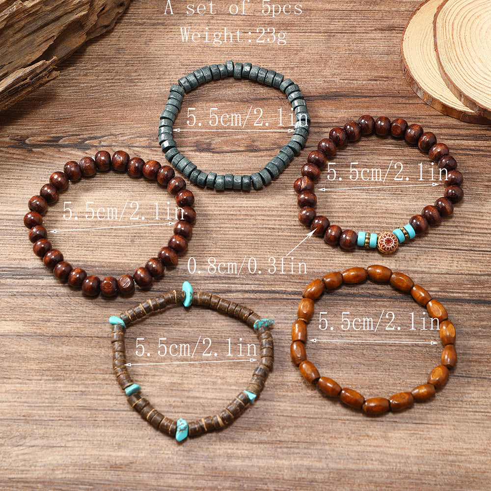 Wholesale  turquoise wood beads coconut shell five-piece bracelet