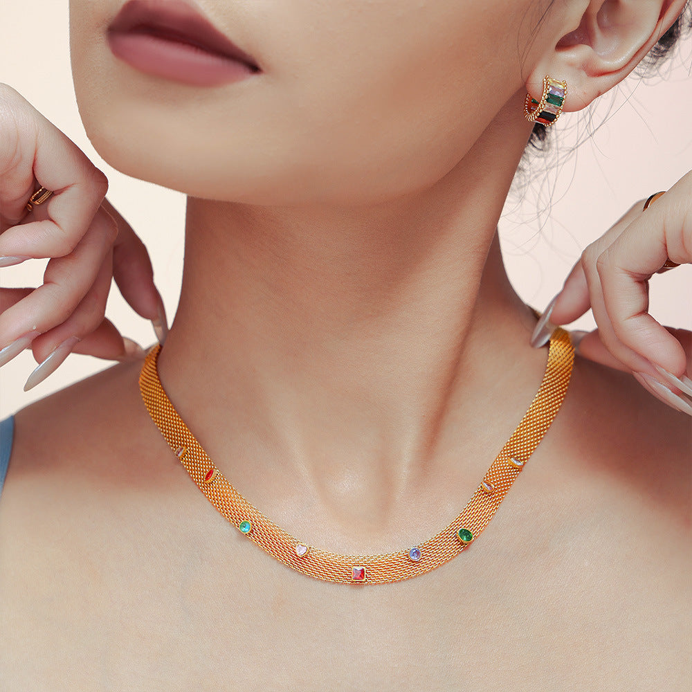 Wholesale Titanium Steel  Geometric Colorful Zircon Necklace Bracelet Set