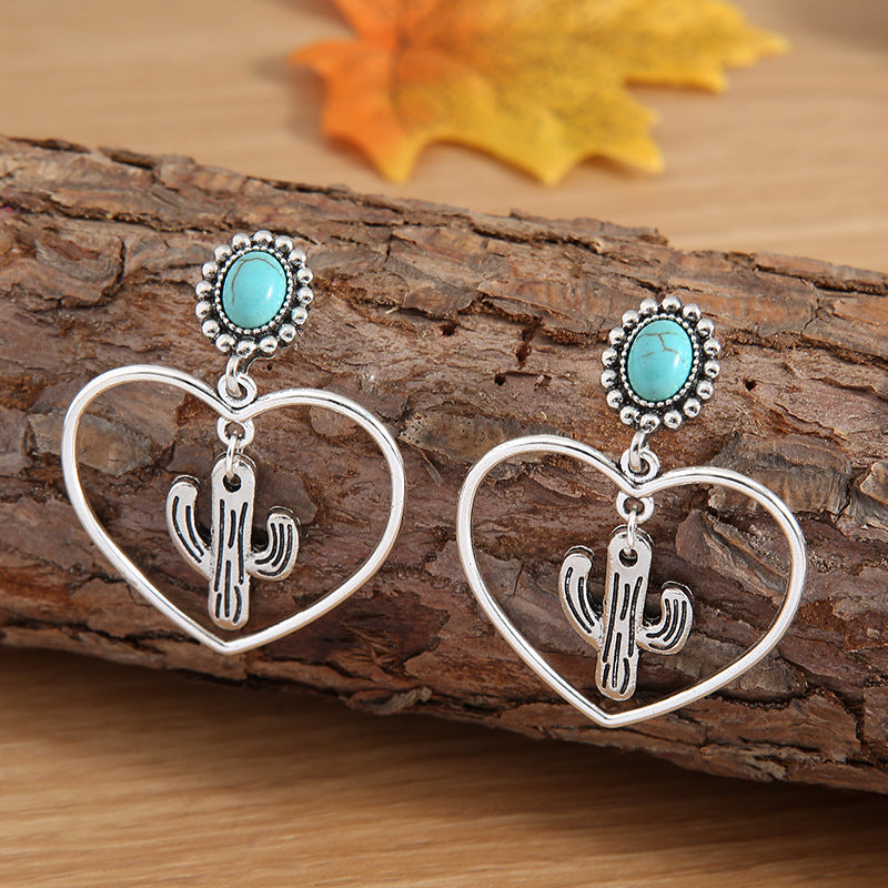 Wholesale Hollow Heart Shaped Cactus Turquoise Alloy Earrings ACC-ES-SaiPu002