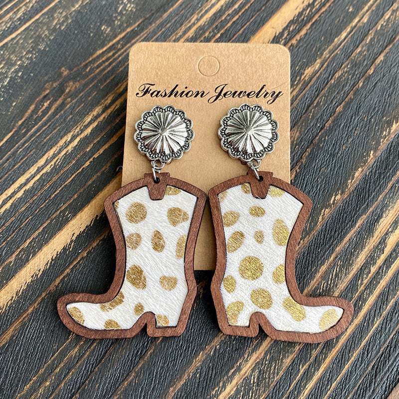 Wholesale Western Denim boots earrings  leopard leather  earrings