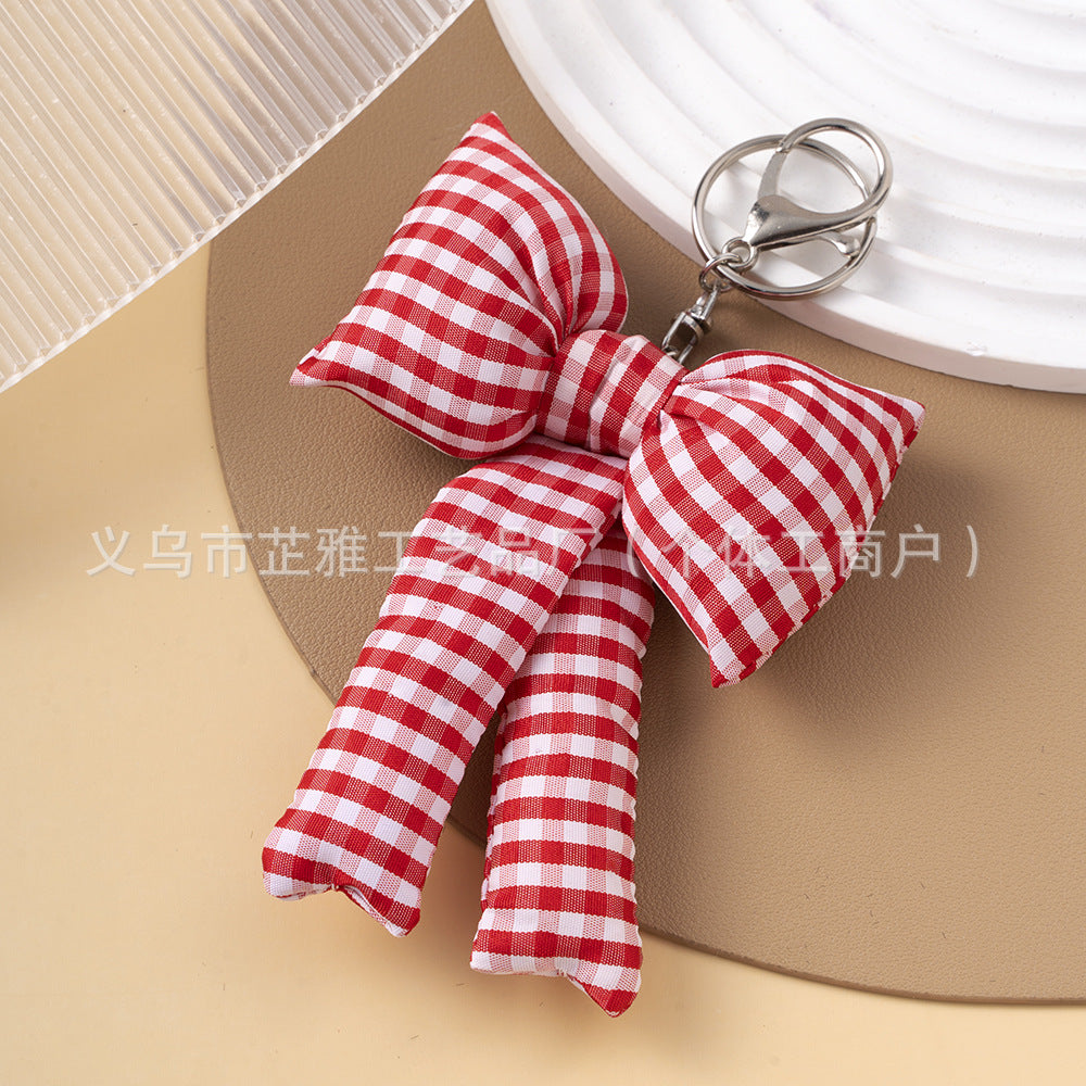 Wholesale  Blue Pink Plaid Handmade Fabric Bow Pearl Car Keychain