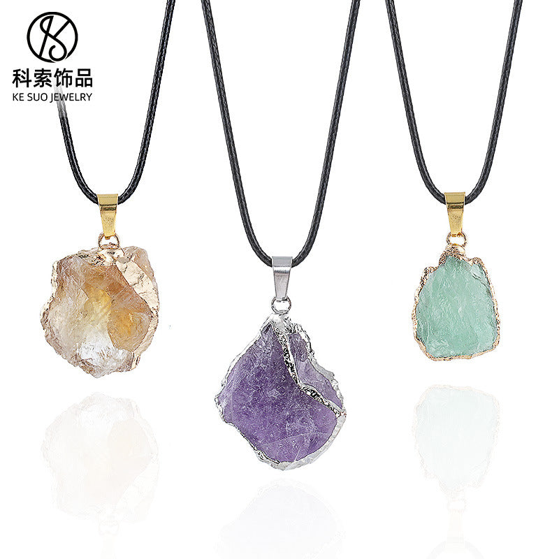 Wholesale Natural Crystal Raw Stone Pendant Necklace with Leather Rope Chain Irregular Hand-Hammered Electroplated Fashion Jewelry