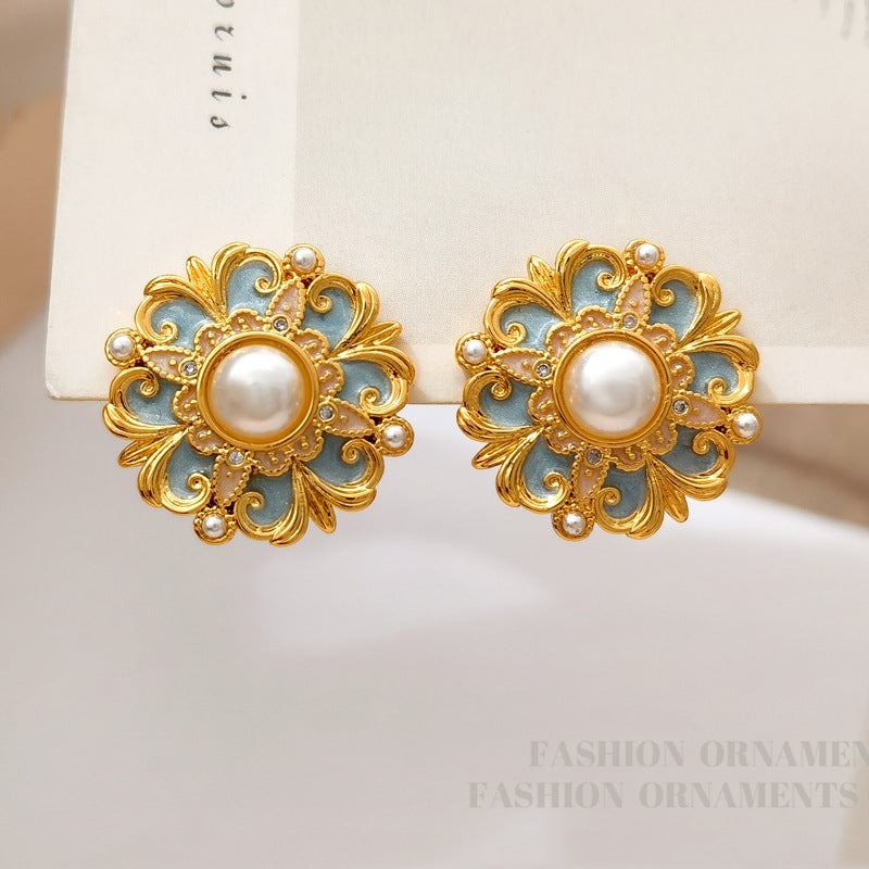 Wholesale Silver needle French retro flower pearl blue earrings