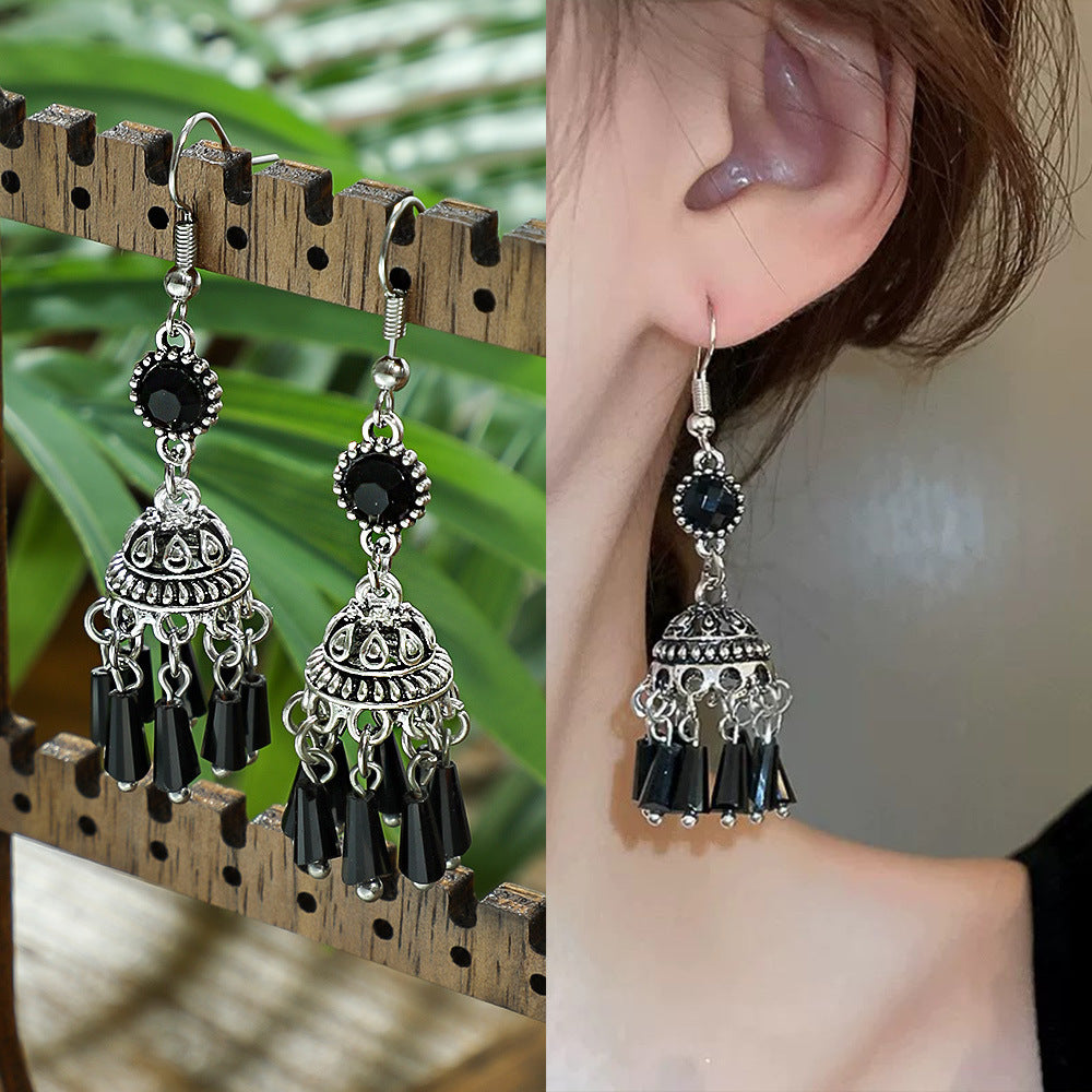 Wholesale Zinc Alloy Vintage Lantern Earrings Black Crystal Tassel Jewelry Accessory