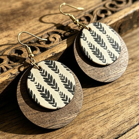 Wholesale Retro Wooden Earrings With Geometric Bohemian Print French Vintage Style Fashion Jewelry Accessory For Gift And Resale