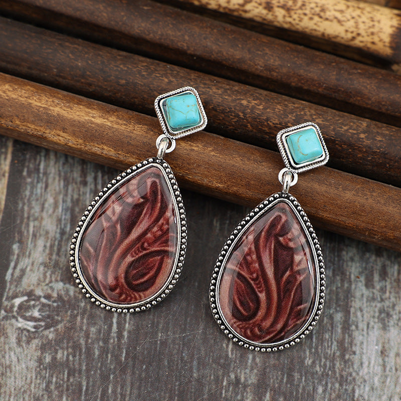 Wholesale retro drop-shaped rubber drop pattern inlaid turquoise alloy fashion earrings