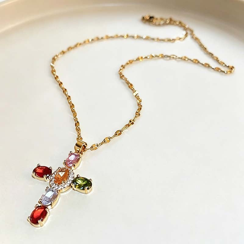 Wholesale Layering Colorful Cross Pendant Necklace Zinc Alloy Crystal Chain Fashion Accessory