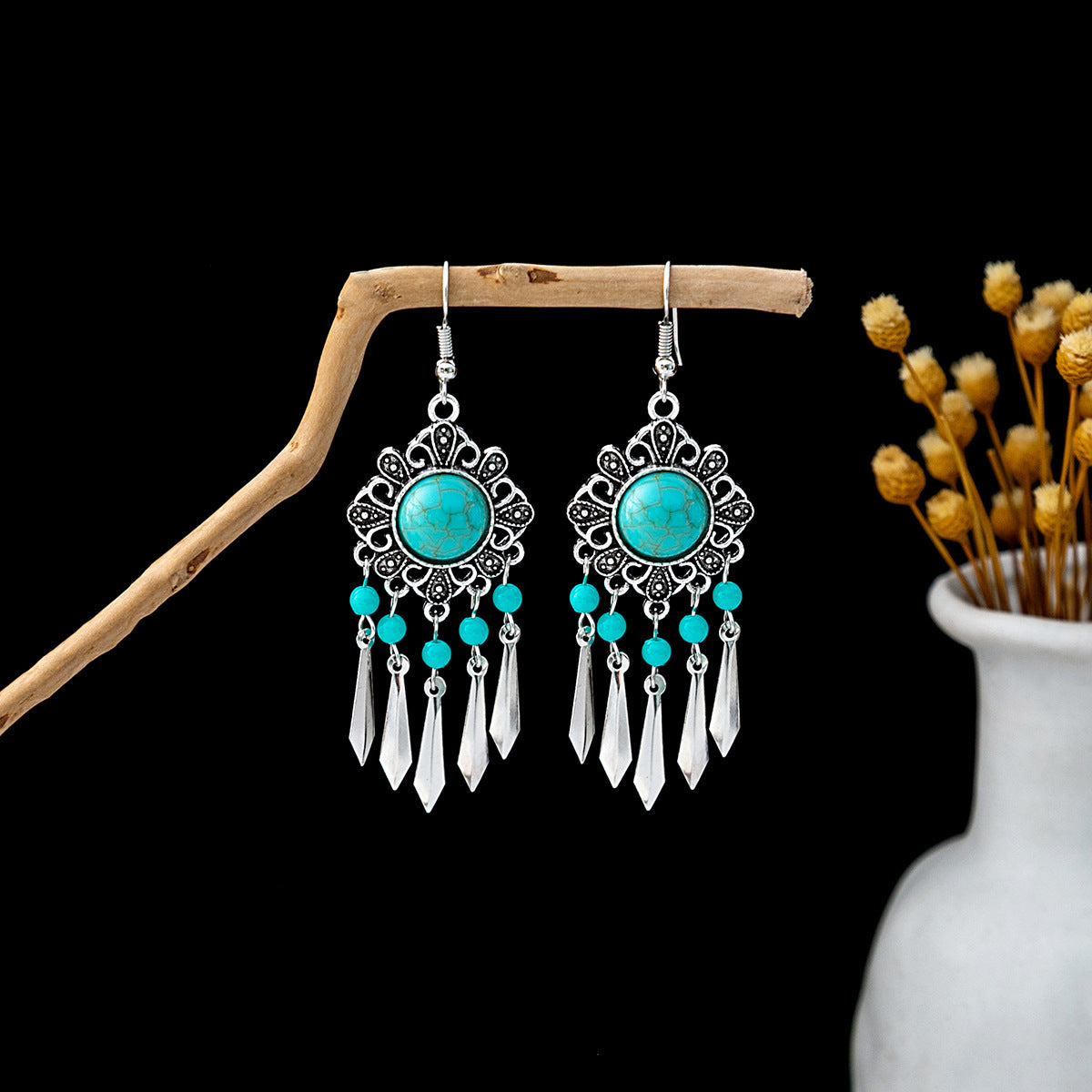 Wholesale retro ethnic style hollow flower tassel turquoise owl alloy earrings ACC-ES-MDD009