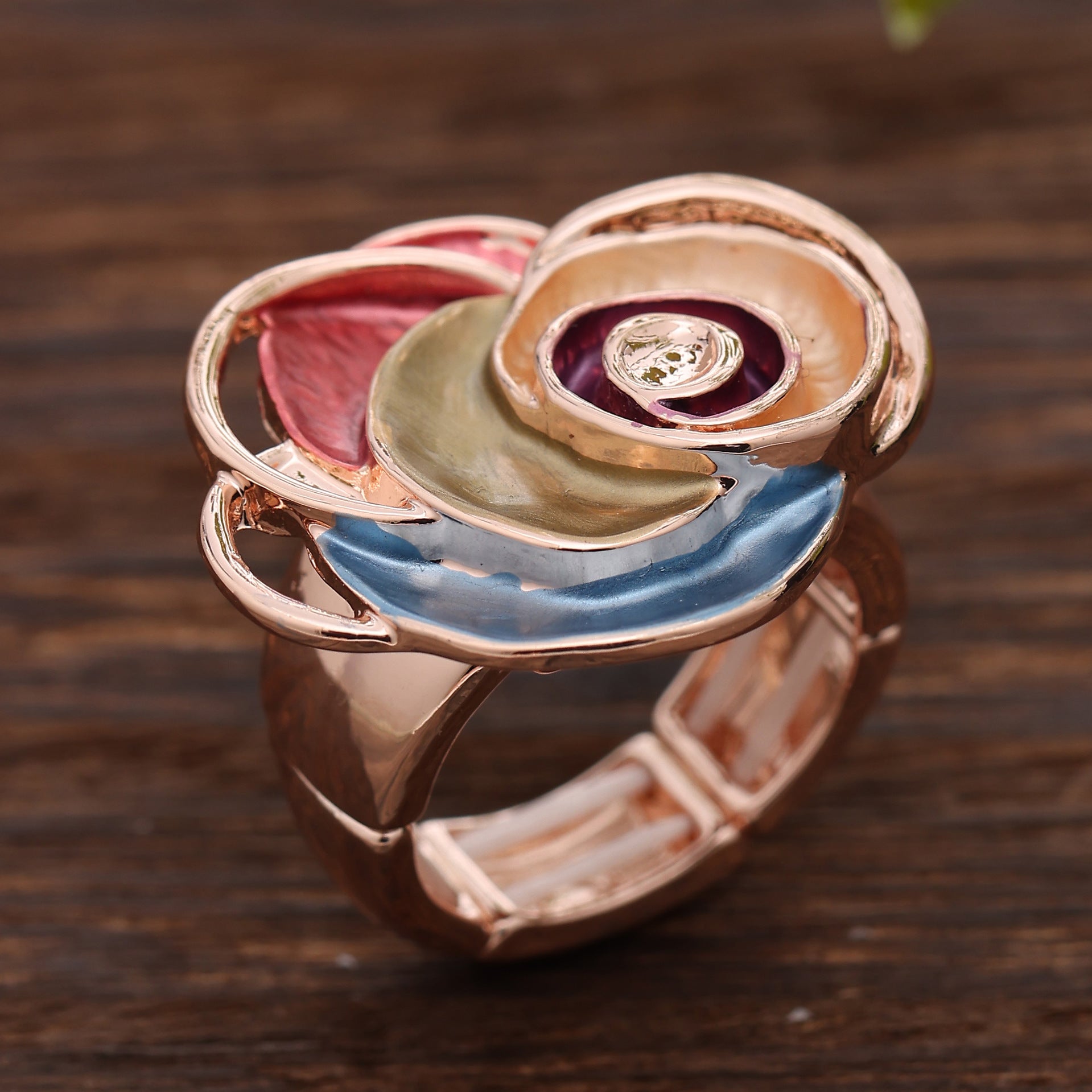 Wholesale  Color Painting Oil Geometric Hollow Flower Elastic Ring