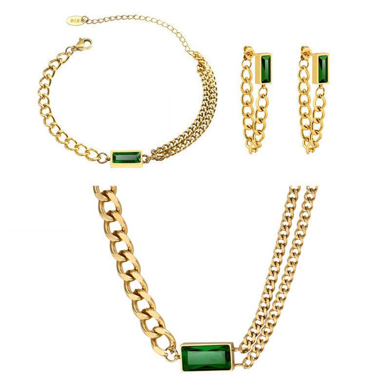 Wholesale Stylish Geometric Zircon Jewelry Set Blue Square Alloy Double Chain Layered Necklace Earrings Hand Accessory Everyday Boutique Resale