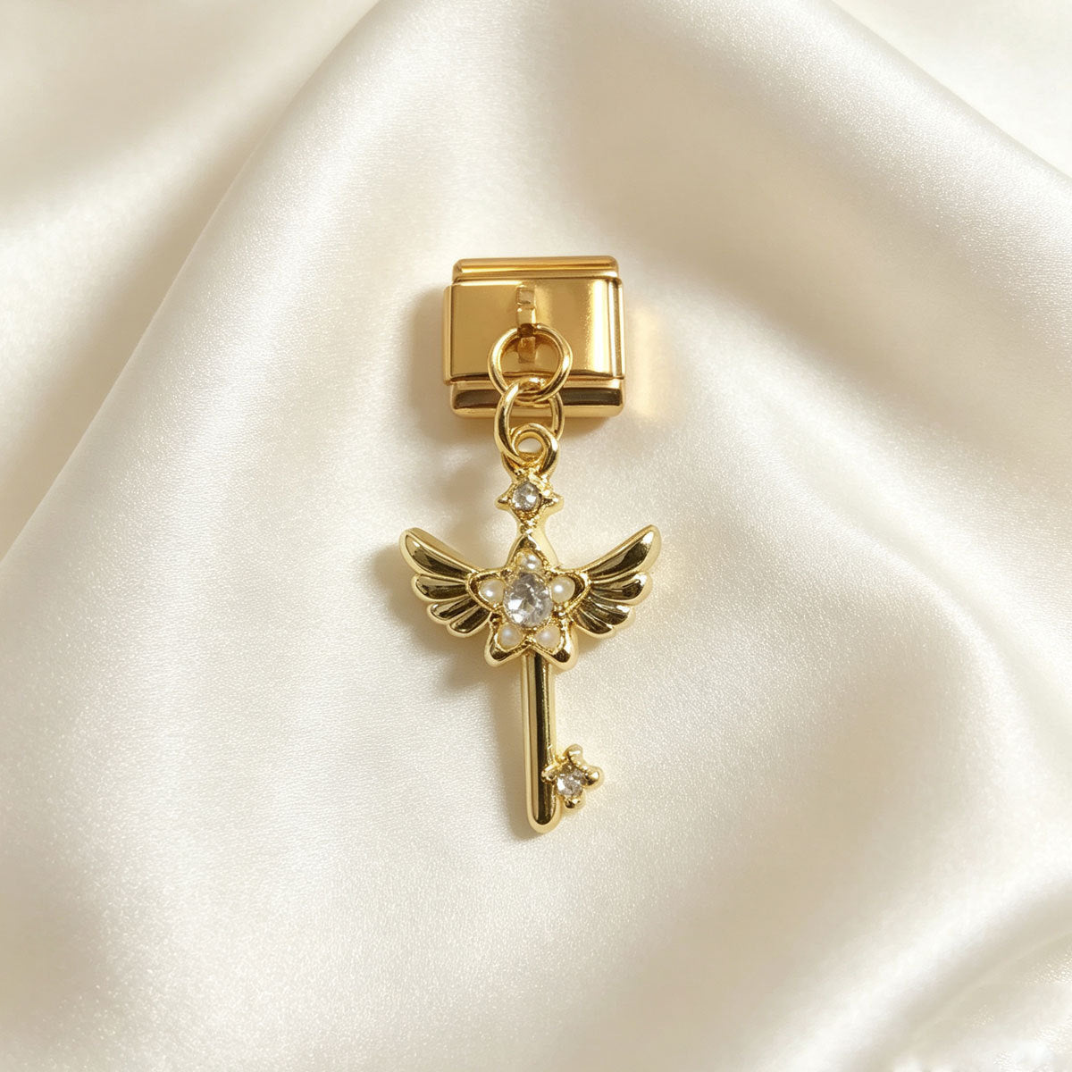 Wholesale DIY Rhinestone Wing Key Pendant Multicolor Square Bracelet Charm Accessory Stainless Steel Jewelry Making Craft Supply For Resale