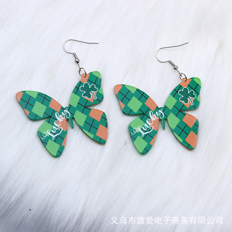 Wholesale 2pcs Acrylic St.  Patrick' s Day Four-Leaf Clover Butterfly Earrings