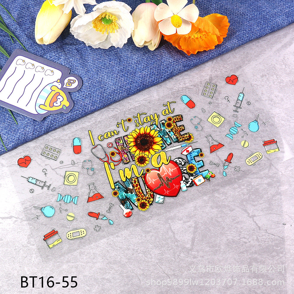 Wholesale Cartoon pencil medical UV transfer stickers crystal stickers tear film leave word crystal stickers 16oz glass stickers