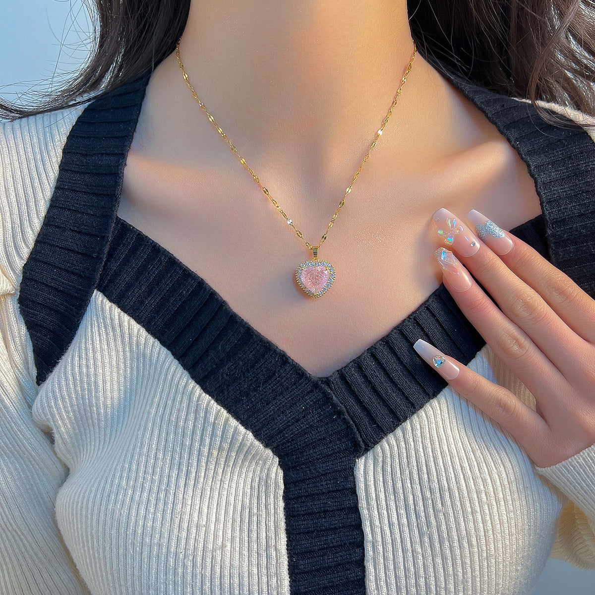 Wholesale Ice Stone Pink Diamond Light Luxury Copper Gold-plated Titanium Steel Necklace Luxury Necklaces ACC-NE-XuHao004