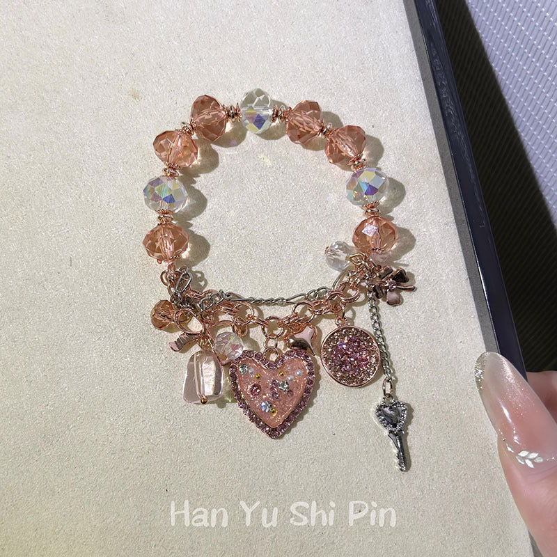 Wholesale Vintage Pink Beaded Heart Bracelet - Mixed Materials,  Unisex,  Great for Travel Souvenir or Everyday Fashion