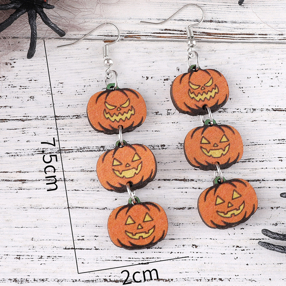 Wholesale Halloween Gothic Black Cat Ghost Face Pumpkin Splicing Triple Wood Earrings ACC-ES-ChuLian061