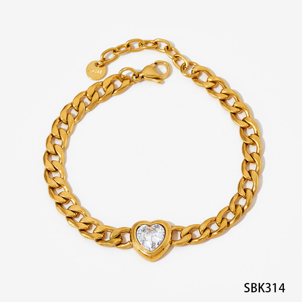 Wholesale Stainless steel heart-shaped zircon pendant necklace bracelet earrings jewelry suit