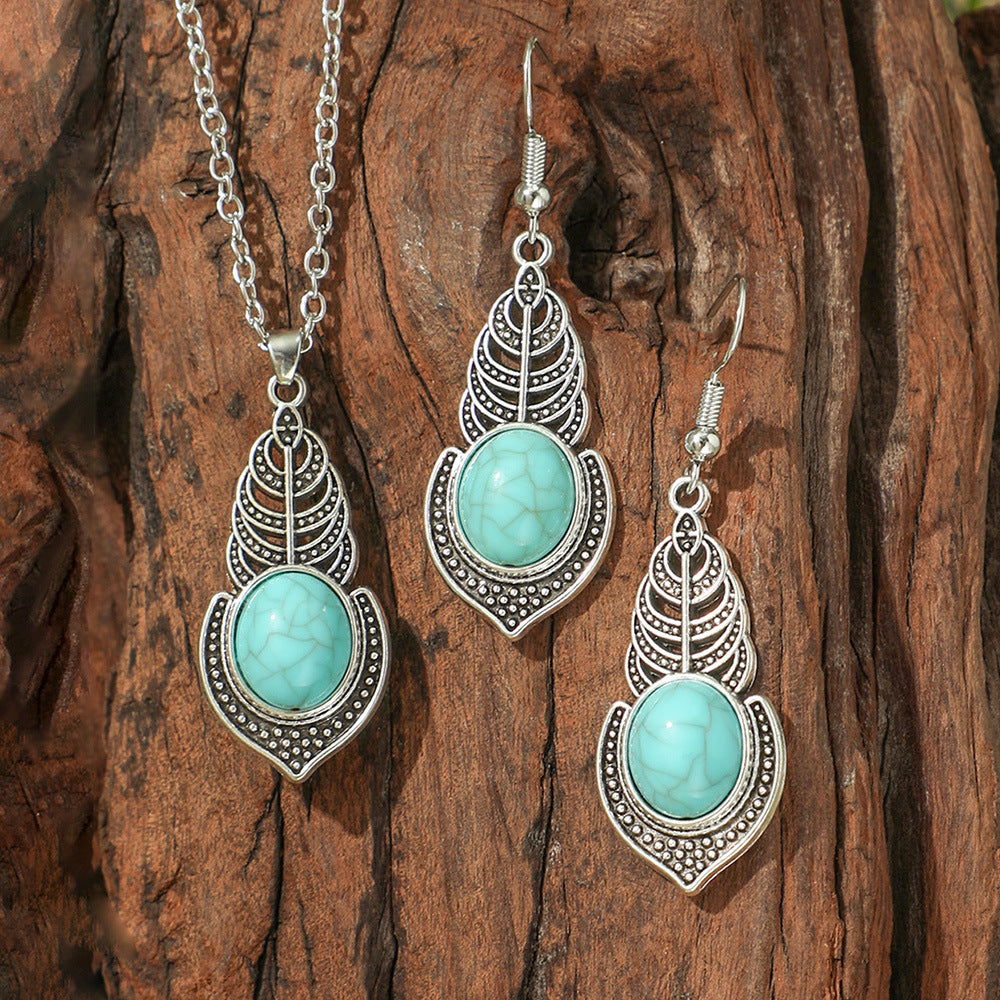 Wholesale Bohemian Vintage Earrings and Necklace Set Turquoise Drop Pendant Jewelry Accessory