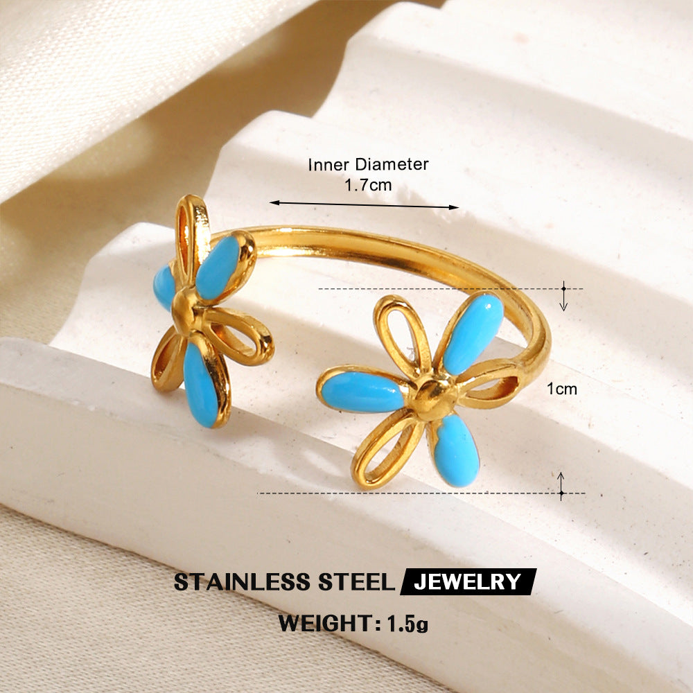 Wholesale Gold Plated Stainless Steel Colorful Enamel Floral Geometric Ring Trendy Fashion Accessory for Women