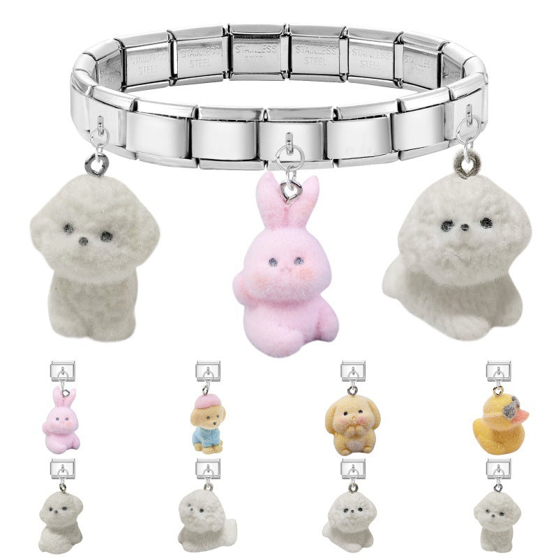 Wholesale 9mm Italian Charm Starter Bracelets DIY Cute Flocked Doll Pendant Stainless Steel Composable Bracelet