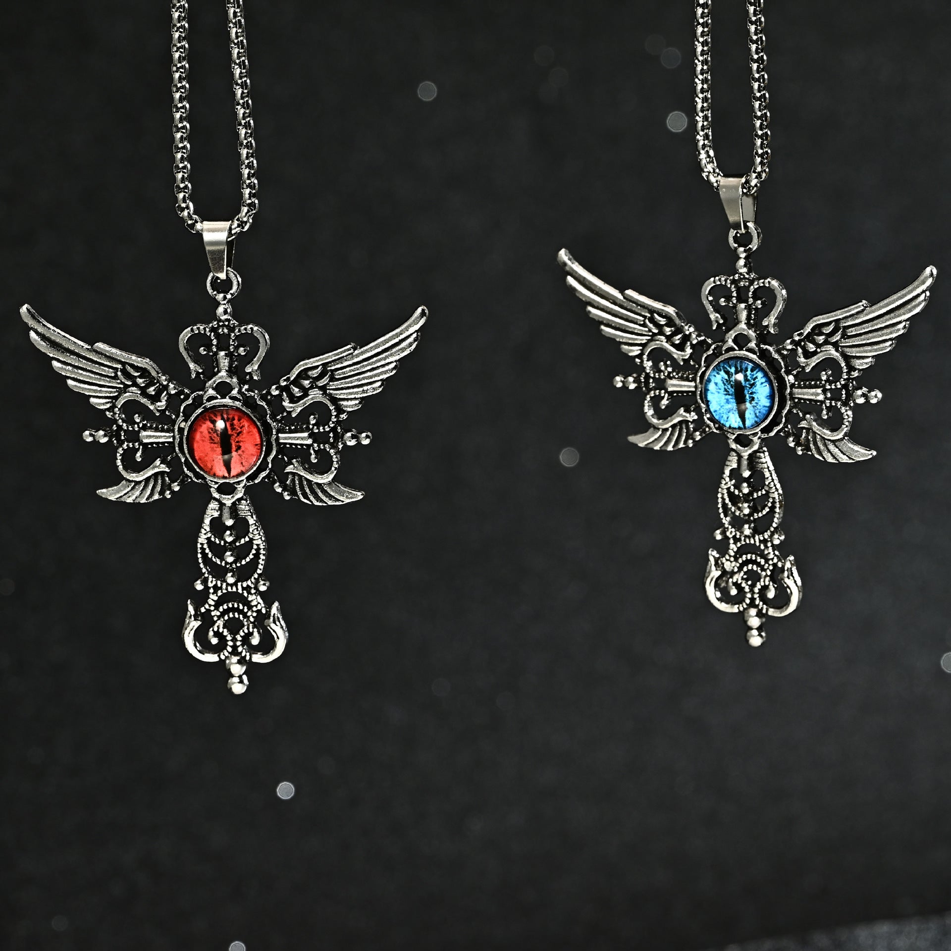Wholesale Hip Hop Blue Demon Eye Wings Cross Pendant Necklace For Fashion Jewelry Accessory